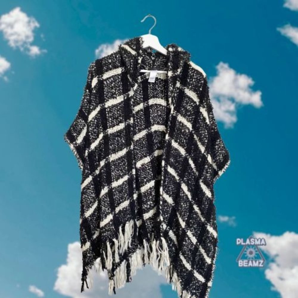 Maurices Black & White Plaid Fringe Soft Fuzzy Hooded Poncho Wrap - Picture 2 of 8